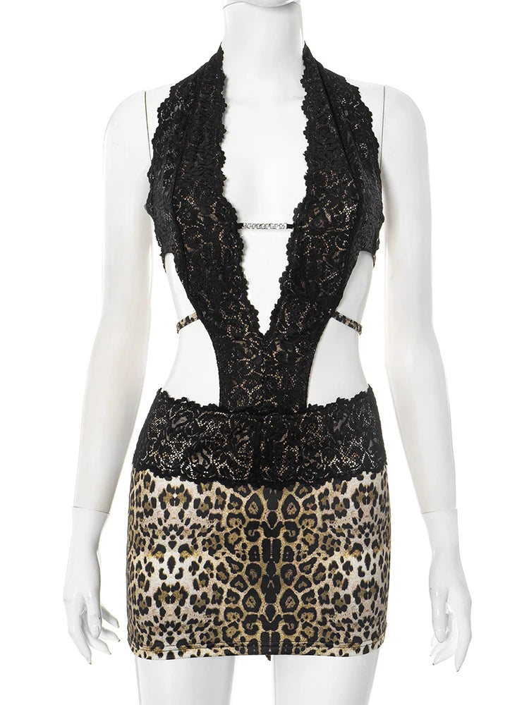 Jacquard Patchwork Sexy Dress Women Y2K Sleeveless Halter Sexy Backless Sexy Summer Trend Hollow Elegant Club Bodycon