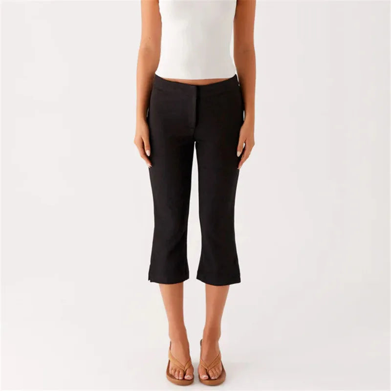 Women's Spring Summer Capri Pants Casual Low Waist Solid Color/Dot Print Slim Fit Cropped Trousers Fashion Streetwear