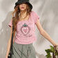 Women's Fitted Square Neck T-Shirt with Sketch Strawberry Heart Graphic Print, Cap Sleeve Ruched Crop Tee for Summer