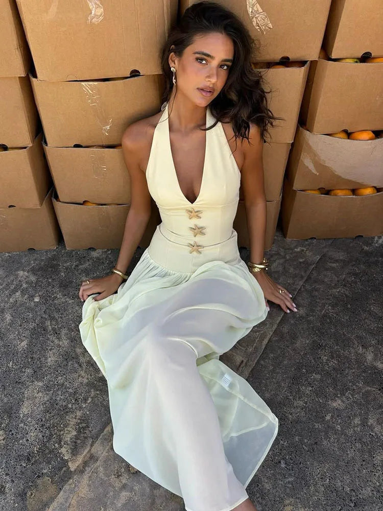 Halter Backless Sexy Maxi Dress Women Gown Fashion Starfish Decoration Deep V Neck Sleeveless Beach Club Party Dresses