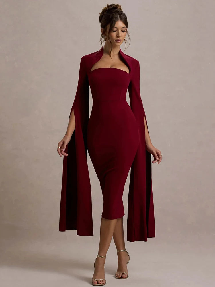 Cape Long Sleeve Sexy Midi Dress For Women Autumn Winter New Square Collar Back Slit Bodycon Club Party Long Dress