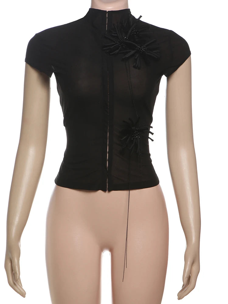 Tassel Applique Crop Tops Women Single-Breasted Half-High Neck Tassel Midnight Hottie Versatile Street Skinny T-Shirt