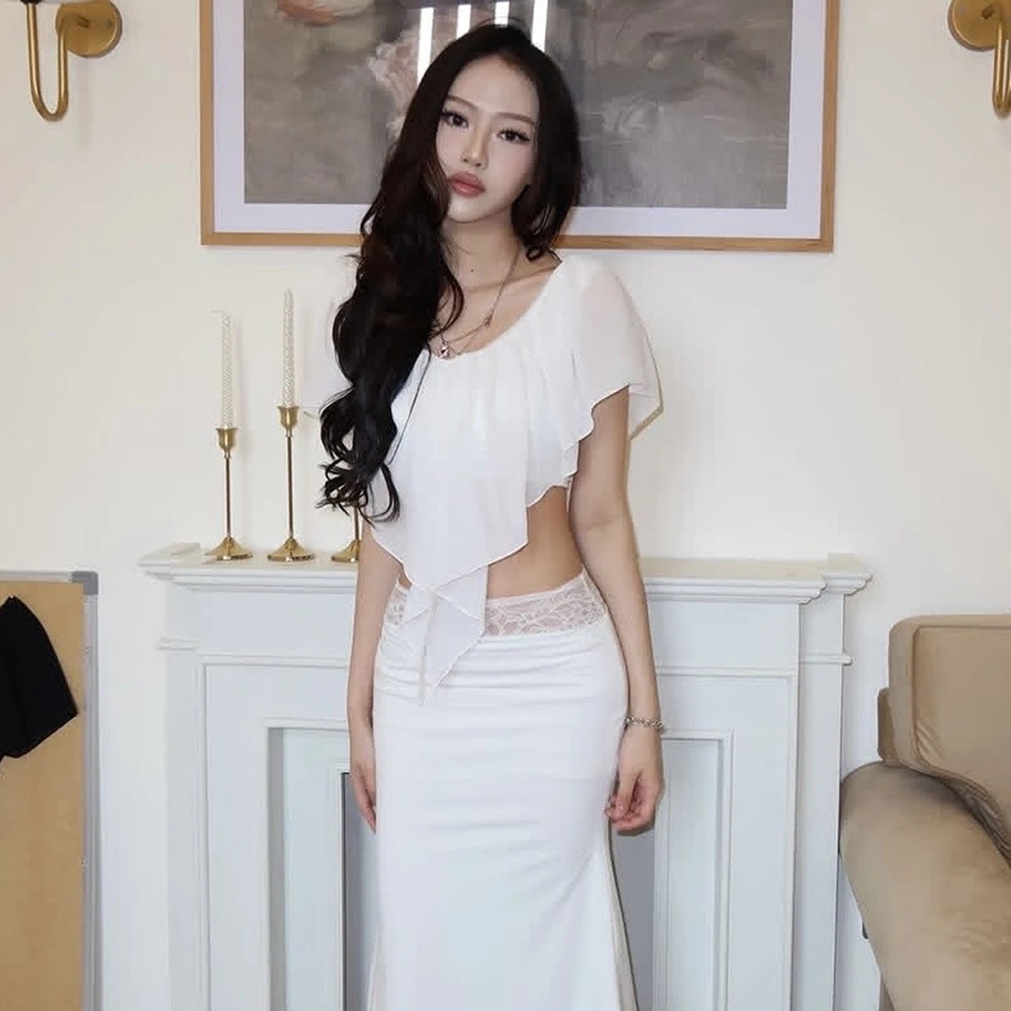 Elegant 2 Piece Set Women Fashion Trend Mesh Ruffled V-Neck Top+Lace Patchwork Long Skirt Sweet Chic Party Club Suits