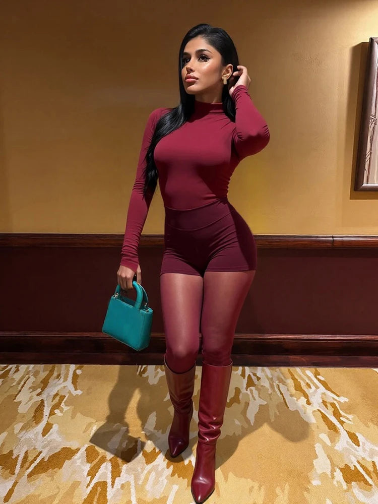 Mesh Patchwork 3 Piece Set Woman O-Neck Full Sleeve Tops+Shorts+Thin Leggings Tight Stretch Midnight Hipster Clubwear