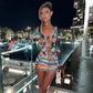 Women Ruffle Mini Dress Sexy Deep V Neck Cutout Mesh See Through Bodycon Short Dress Tie Dye Summer Beach Sundress