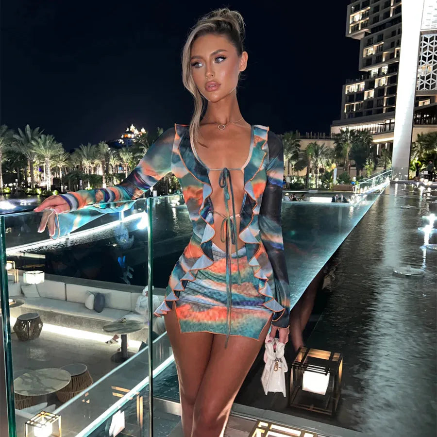 Women Ruffle Mini Dress Sexy Deep V Neck Cutout Mesh See Through Bodycon Short Dress Tie Dye Summer Beach Sundress