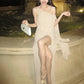 High Side Slit Maxi Dress Women Sleeveless Slanted Shoulder Mesh Tassel Solid Skinny Elegant Dinner Party Vestidos