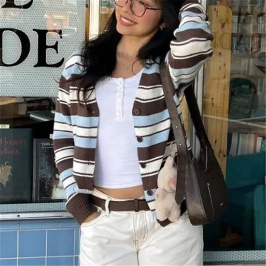 Women Y2K Retro Striped Knit Cardigan V Neck Button Front Long Sleeve Cropped Sweater Casual Street Knit Outerwear Coat