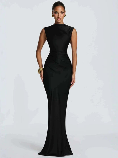Satin Cowl Neck Mermaid Maxi Dress Women Elegant Sleeveless Draped Ruched Bodycon Long Evening Party Gown Vestidos