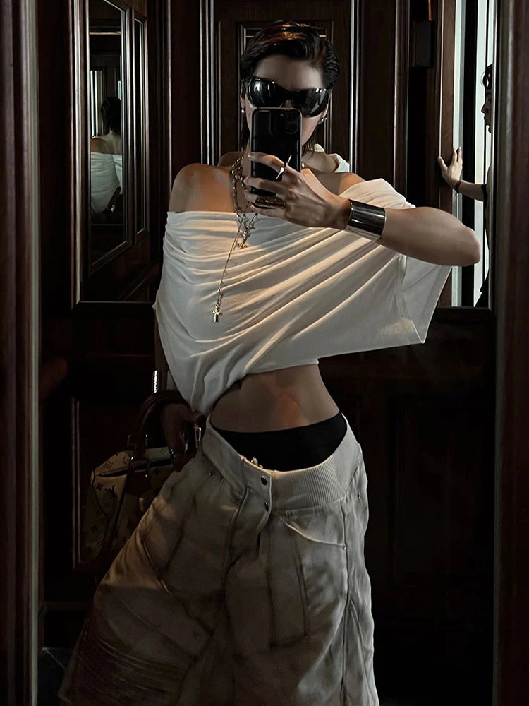 One Shoulder Crop Tops Women Folds Skinny Loose Summer Korean Style Simple Classic Casual Street Daily Harajuku Tops