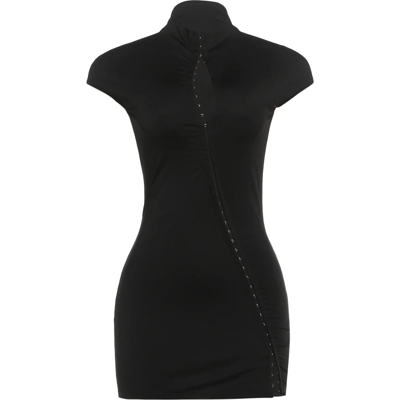 Tilted Single-breasted Dress Women Summer Simple Solid Short Sleeves Skinny Peach Hip Midnight Party Mini bodycon