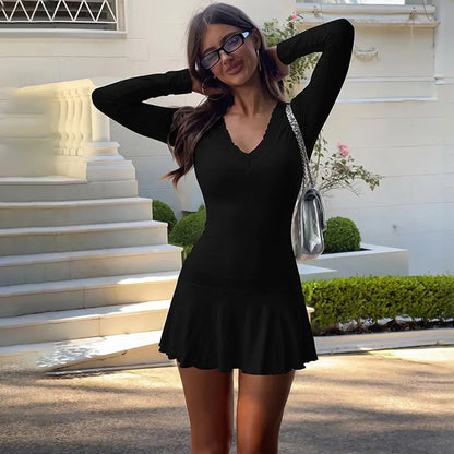 Long Sleeve Mini Dress with Lace Trim V Neckline and Waist Fashion 2026 Fall Dresses for Woman Elegant