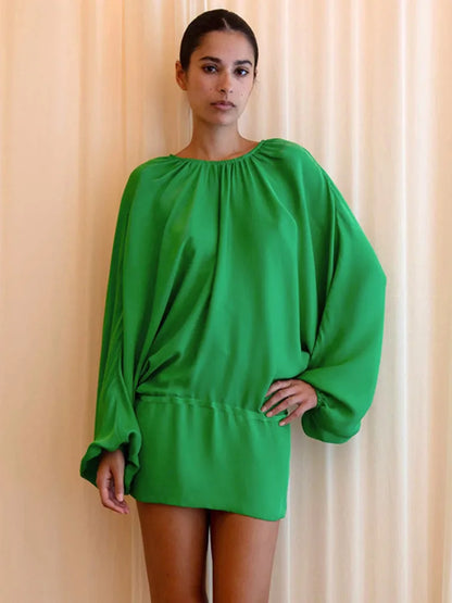 Women Blouse Sexy Mini Dress Loose Lantern Long Sleeve Round Neck Pleated Backless Dress Casual Party Beach Outfits