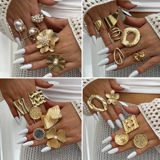 20 Styles Boho Unique Gold Color Petal Flower Rings for Women Punk Geometric Adjustable Rings Couple New Year Jewelry