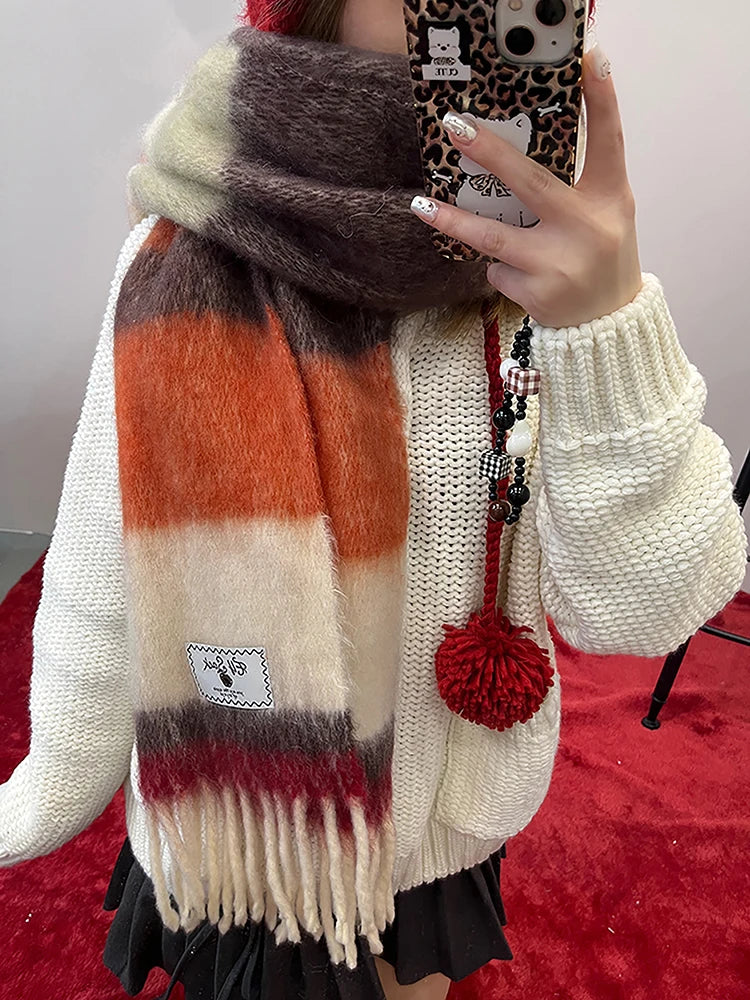 Retro Plaid Striped Plush Scarf for Women