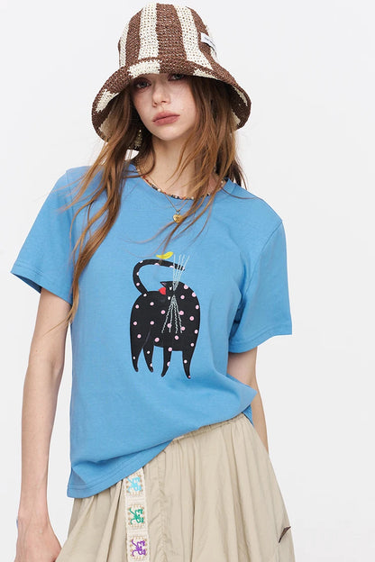 Cat Print Short Sleeve T-Shirt, Casual Round Neck Tee, Basic Daily Top for Women
