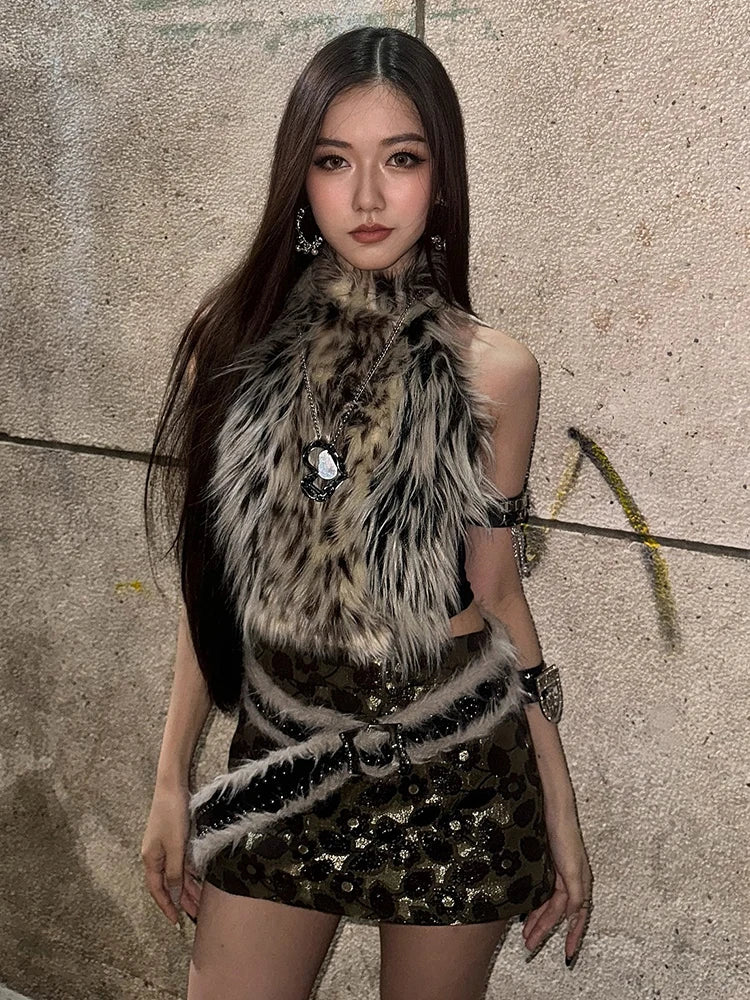 Hottie Leopard Tassel Tank Tops Women Sexy Furry Patchwork Halter Sleeveless Stretch Coquette Midnight Party Clubwear