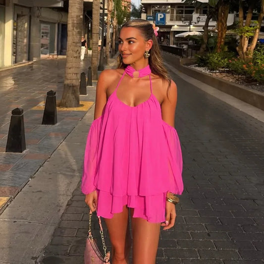 Flare Sleeve Loose Backless Mini Dresses Sexy Mesh Sheer Birthday Dress Woman Fall