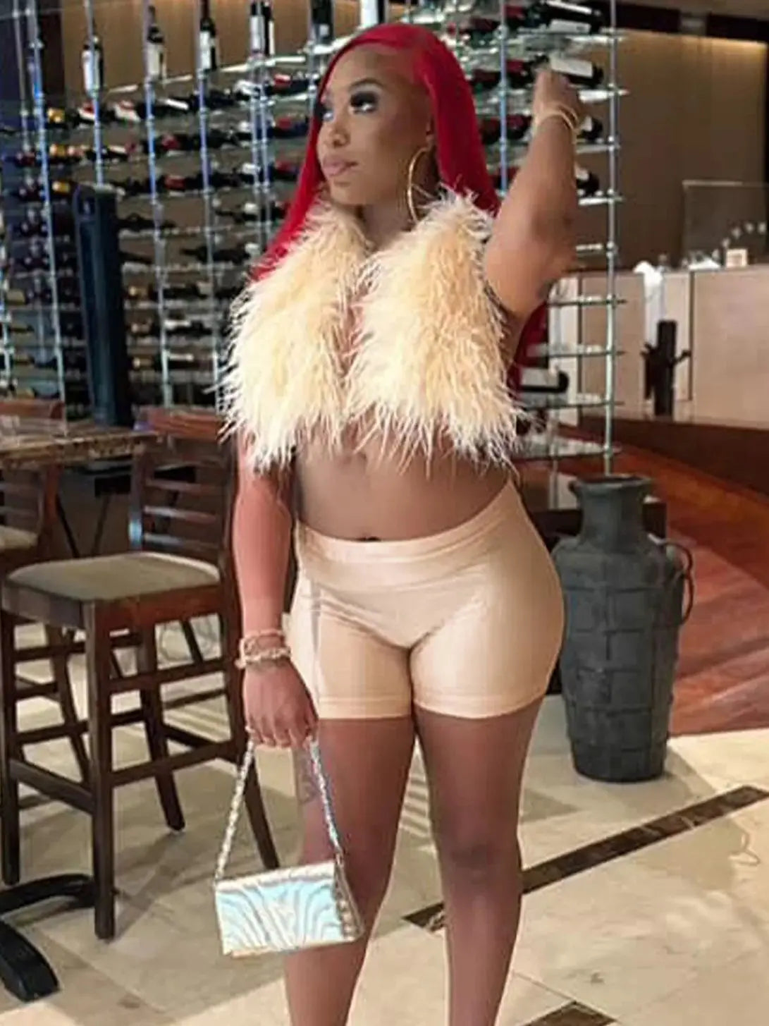 Sexy Hipster Fur 2Piece Set Women Luxury Tank Tops+Tight Stretch Shorts Y2K Summer  Midnight Clubwear Party Outfits