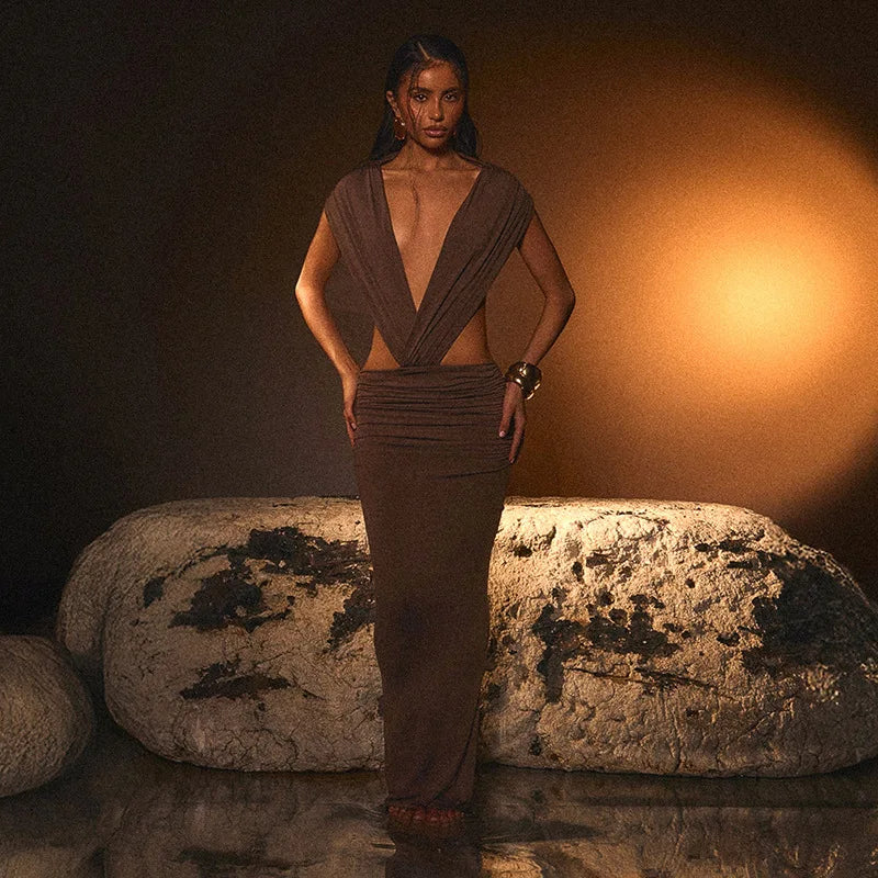 Deep V Neck Backless Ruched Maxi Dresses 2026 Woman Sexy Party Dress Brown