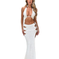 Summer Women Sexy 2Piece Crochet Bohemian Buckle Acrylic Nightclub Glamorous Unique Bra Top+Long Skirt Matching Suit