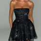 Elegant Strapless Sexy Mini Dress Women Fashion Black Off-shoulder Backless Pleated Sequins Sparkle Club Party Dress