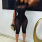 See Through Playsuits Women o-Neck Half Short-Sleeve High Elasticity Skinny Sexy Midnight Simple Classic Rompers