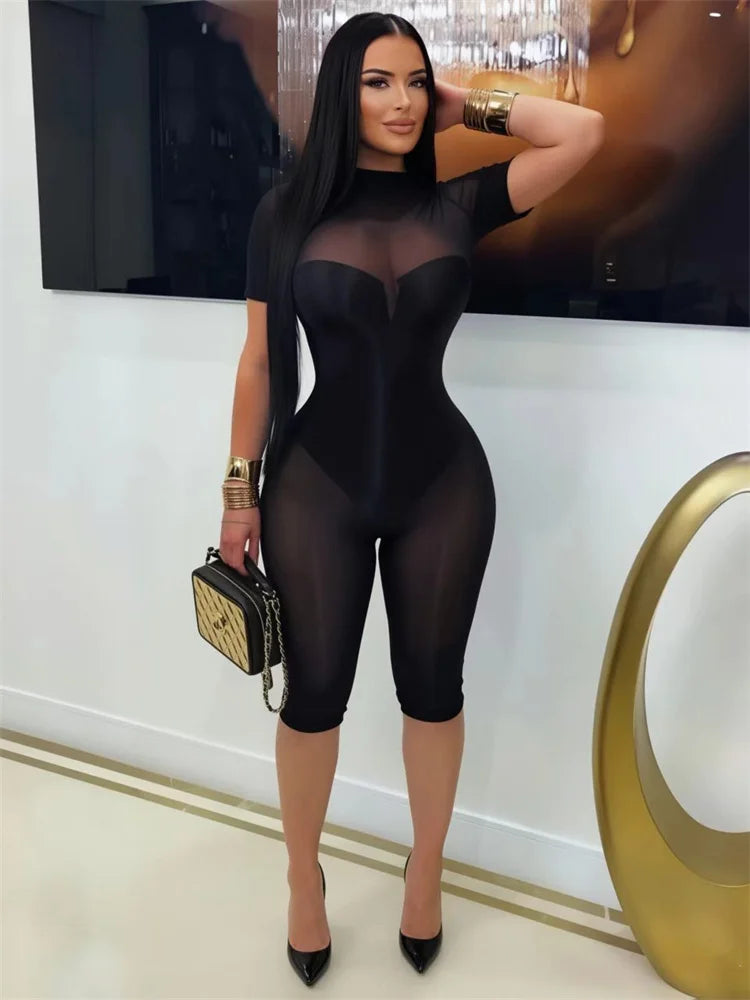 See Through Playsuits Women o-Neck Half Short-Sleeve High Elasticity Skinny Sexy Midnight Simple Classic Rompers