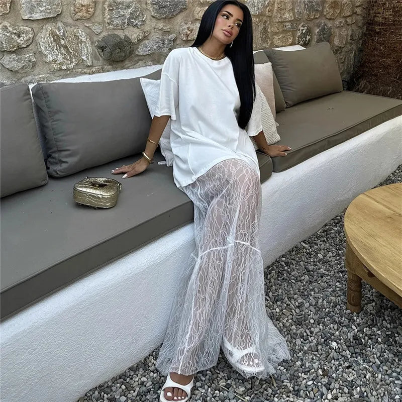 Women Oversized T Shirt Lace Maxi Dress 2 In 1 Sheer Mesh Long Dress Short Sleeve Loose Casual Summer Party Streetwear