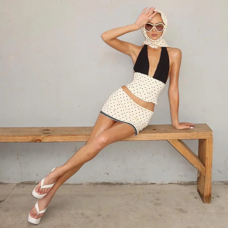 Two Piece Sets for Woman Lace Patchwork Deep V Polka Dot Corset Top and Mini Skirt Sexy Going Out Outfits