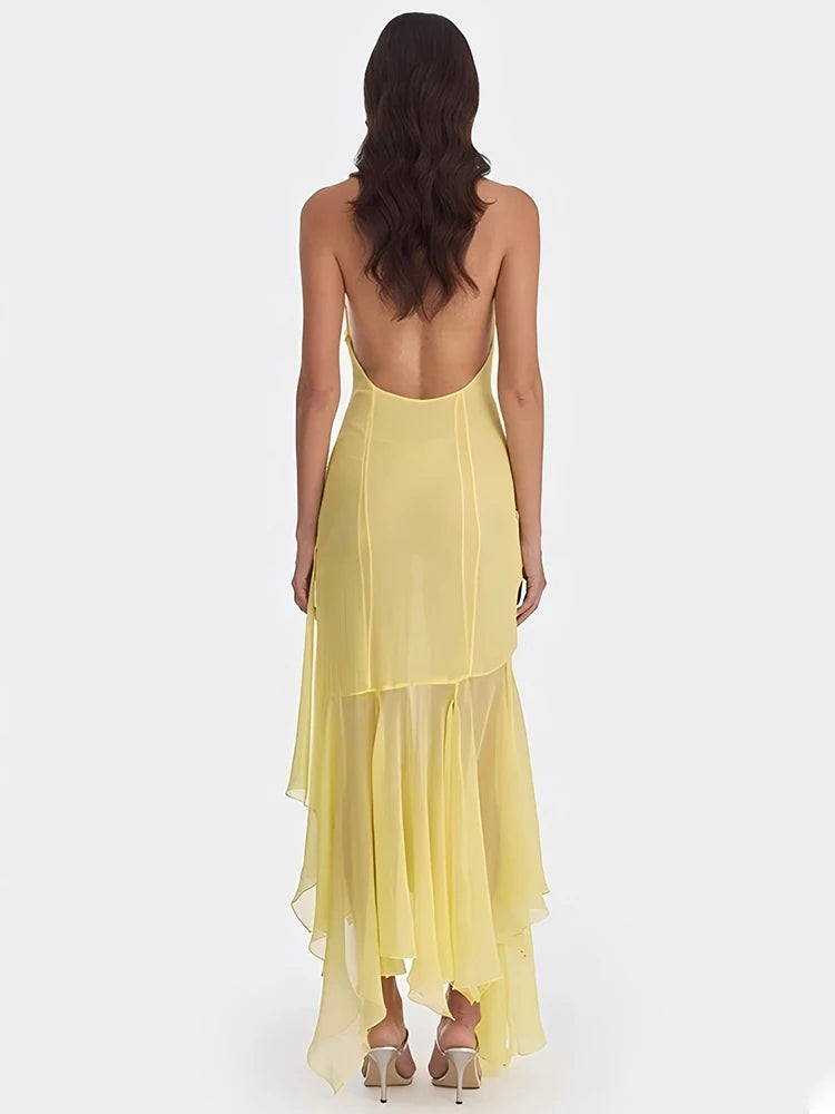 Halter V Neck Sexy Maxi Dress Women Gown Fashion Off-shoulder Sleeveless Backless Draped Ruched Club Long Dress Elegant
