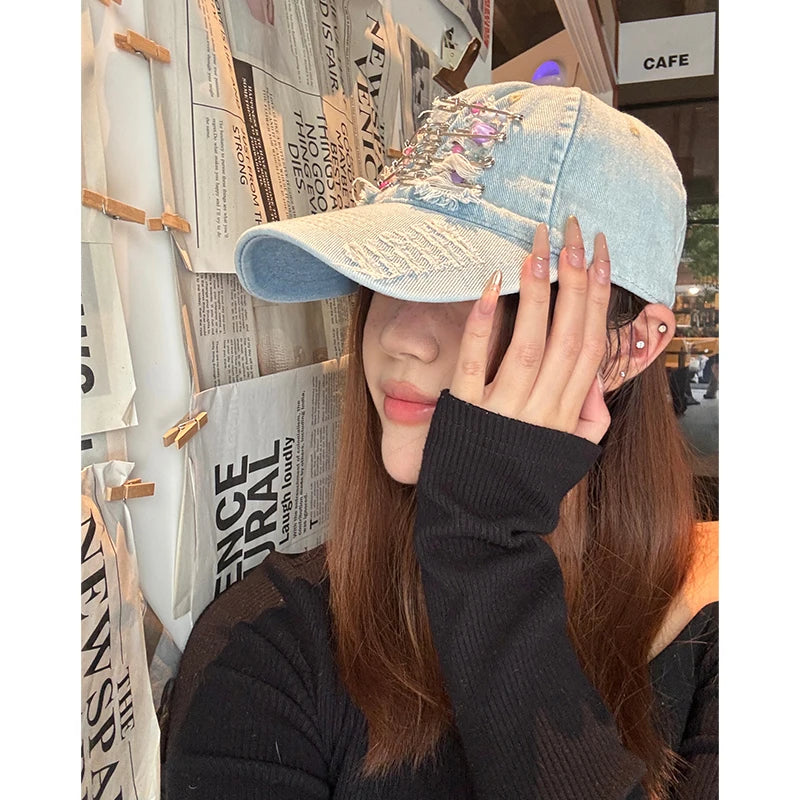 Women's Y2K Distressed Denim Baseball Cap, Bead Embellished Washed Jean Dad Hat, Adjustable Streetwear Sun Hat