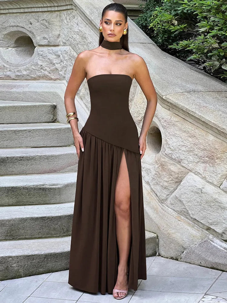 Elegant Off-shoulder Sexy Maxi Dress Women Gown Scarf Collar Strapless Sleeveless Backless High Split Long Dress Female