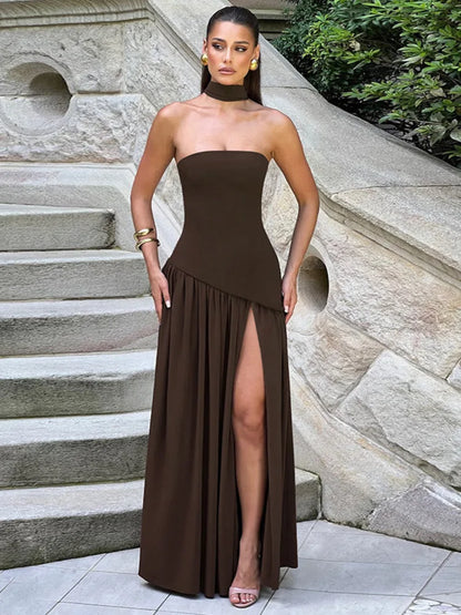 Elegant Off-shoulder Sexy Maxi Dress Women Gown Scarf Collar Strapless Sleeveless Backless High Split Long Dress Female