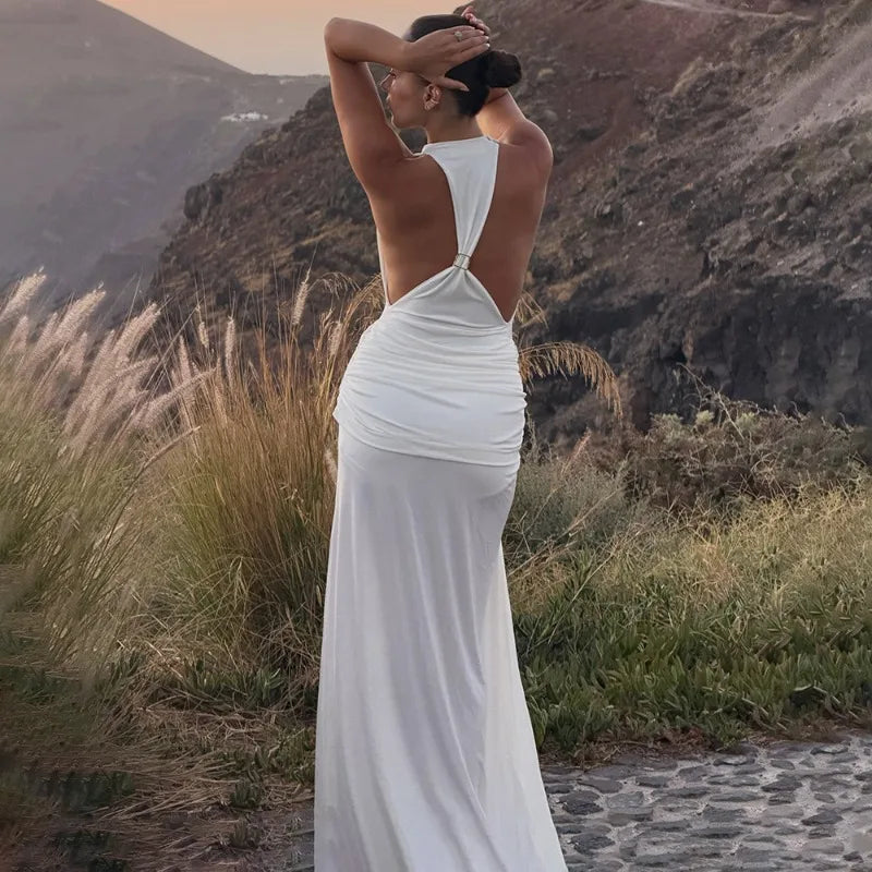 Elegant White Party Dresses for Woman Halter Ruched High Slit Maxi Dress Evening Gown