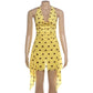 Polka Dot Mesh Yellow Dress Women Sexy Cowl Neck Backless Mini Dresses