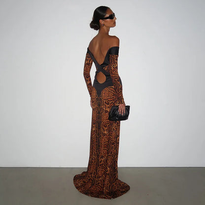 Leopard Print Long Sleeve Gown Off Shoulder Backless Maxi Dresses for Woman Elegant Sexy Party Dress Fall 2026