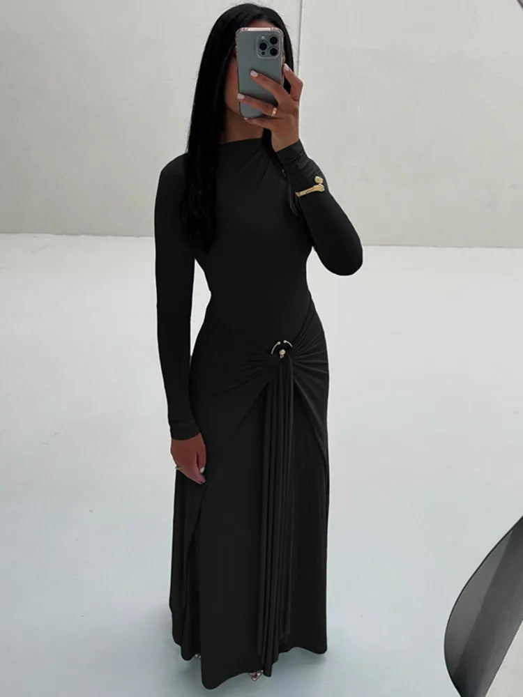 Elegant Long Sleeve Ruched Sexy Maxi Dress Women Gown Autumn Fashion Draped Bodycon Long Dresses Female Clothing