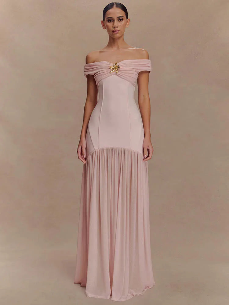 Off-shoulder Backless Sexy Maxi Dress Women Metal Flower Pink Patchwork Sleeveless Ruched Pleated Club Party Dress 2025