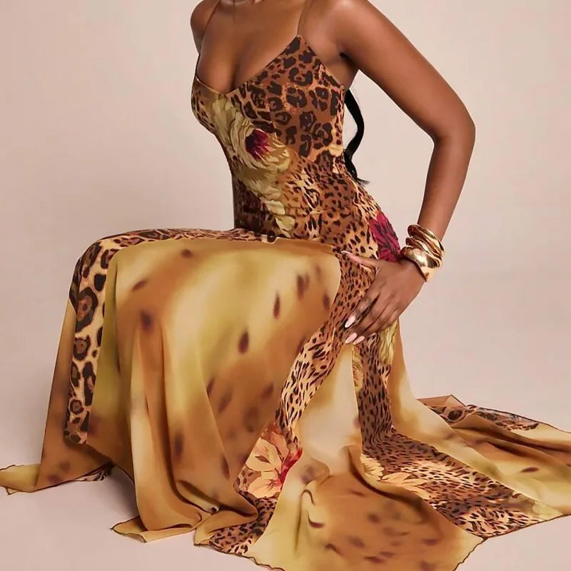 Leopard Print Mesh Splicing Sleeveless Maxi Dress Woman Fashion 2026 Sexy Summer Dresses