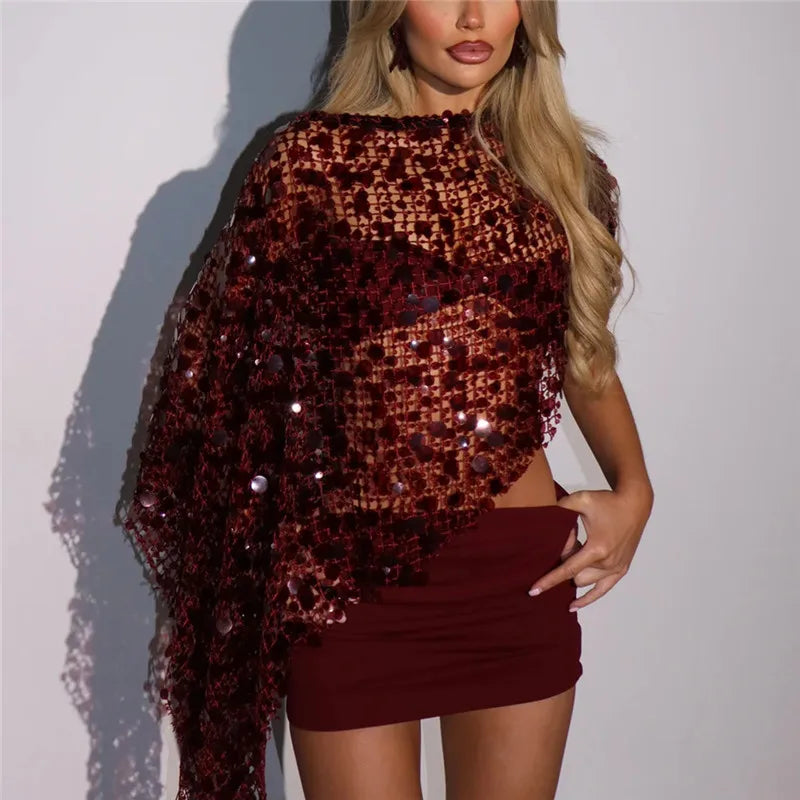 Women Sparkly Sequin Mesh Cape Cover Up Irregular Hem Sheer Fishnet Poncho Shawl For Party Rave Festival Tops