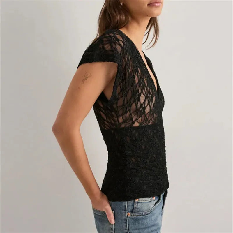 Women Sheer Lace Tops Solid Slim Fit V Neck Cap Sleeve See Through Crop Shirts for Summer Going Out Office Streetwear