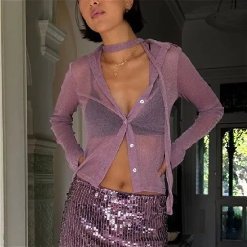 Women's Glitter Sheer Mesh Shirt Long Sleeve Choker Neck Button Down Cropped Blouse Y2K Party Clubwear See Through Top
