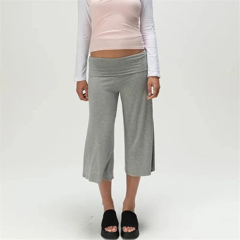 Fold Over Gaucho Pants for Women Flowy Wide Leg Yoga Capris Summer Casual Elastic Low Rise Cropped Palazzo Culottes