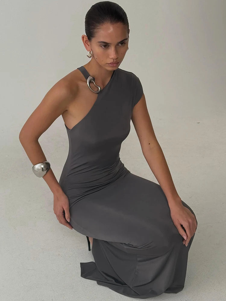 Women One‑Shoulder Metal Ring Decor Sexy Maxi Dress Sleeveless Bodycon Evening Gown Wedding Guest Party Long Dress