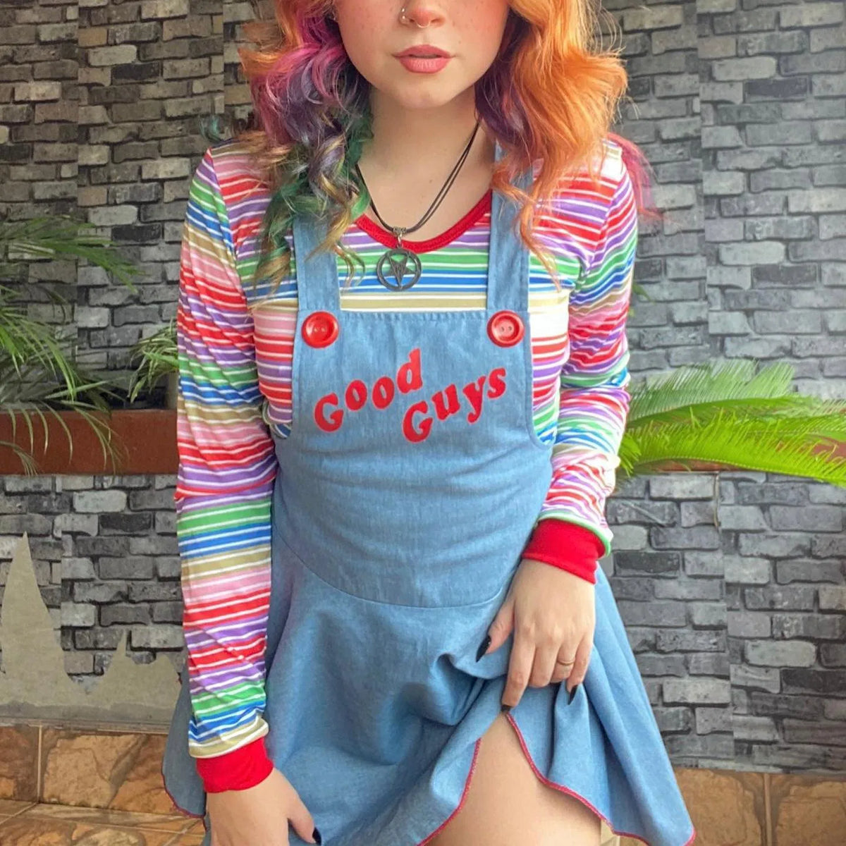 Women Devil Halloween Cosplay Costume Long Sleeve Striped Crop Tops and Suspender Mini Skirt Festival Party Outfits