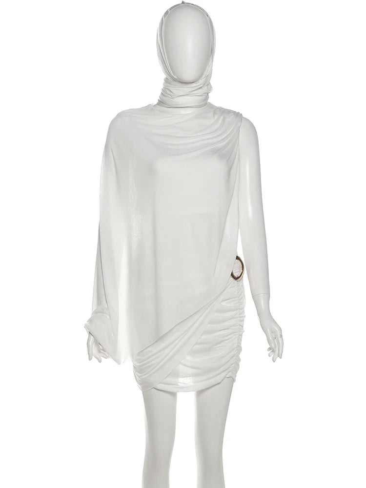 Fashion 3Piece Set Woman Solid Hooded Scarf+One Shoulder Irregular Top+Metal Ring Wrap Hip Mini Skirt High Street Outfits