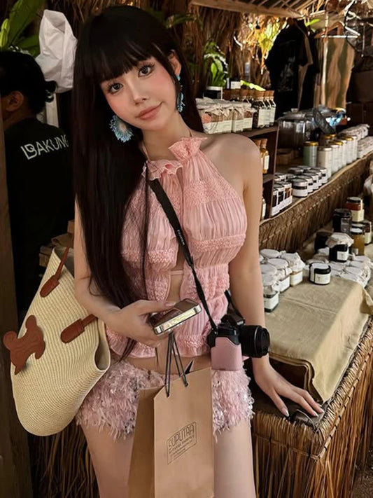 Chic Sweet 2Piece Set Women Backless Edible Tree Fungus Lace-Up Ruched Hollow Thin Tank Top+Furry Sequins Shorts Clubwear