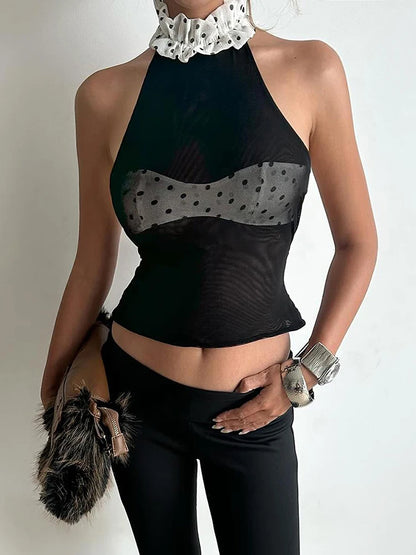 Sexy Mesh Halter Tank Top Women Patchwork Polka Dots Lace-Up Chest Wrapped Backless Street Stretch Skinny Clubwear
