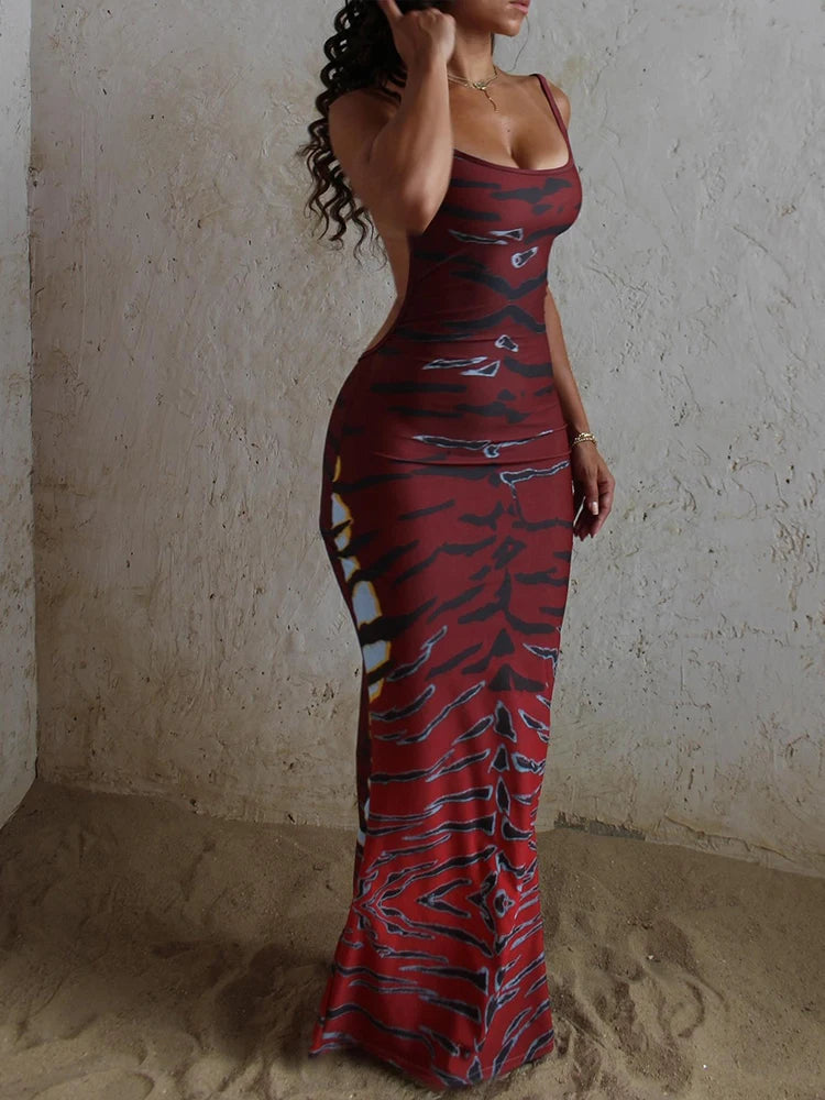 Backless Maxi Dress Women Sleeveless Leopard Print Sexy Skinny Clubwear Stretch Tight Beach Vacation Slim Vestidos